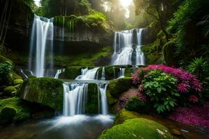 bellissimo cascata nel il giungla con fiori e verde impianti. ai-generato foto