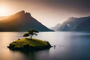 un' solitario albero si siede su un isola nel il mezzo di un' lago. ai-generato foto