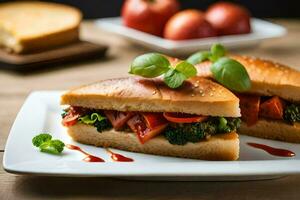 un' Sandwich con pomodori e broccoli su un' bianca piatto. ai-generato foto