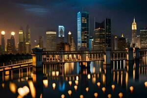 il città orizzonte a notte con luci riflettendo nel il acqua. ai-generato foto