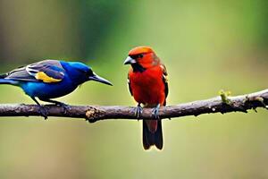 Due colorato uccelli seduta su un' ramo. ai-generato foto