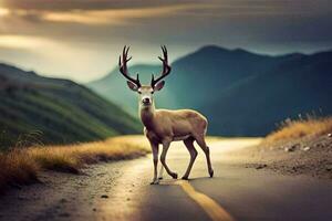 un' cervo è a piedi su il strada nel il montagne. ai-generato foto