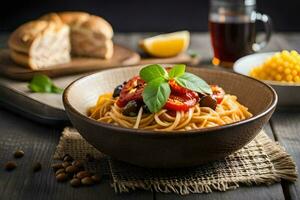 spaghetti con pomodori e basilico su un' di legno tavolo. ai-generato foto