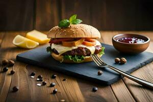 un' Hamburger con formaggio, pomodori e lattuga su un' nero ardesia. ai-generato foto