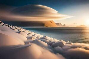 un' grande nube al di sopra di il oceano con neve su superiore. ai-generato foto