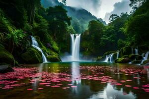 cascata nel il giungla con rosa fiori. ai-generato foto