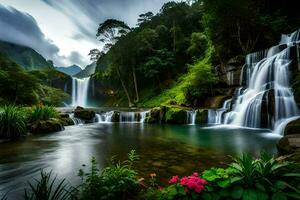 cascata nel il giungla con fiori e alberi. ai-generato foto