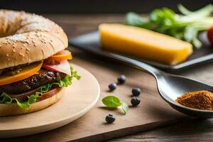 un' bagel con un' hamburger su esso e alcuni verdure. ai-generato foto