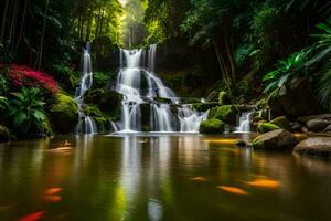 un' cascata nel il giungla con pesce nel il acqua. ai-generato foto