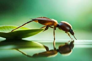 un' insetto è in piedi su un' foglia con acqua. ai-generato foto