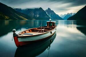 un' barca si siede su il acqua nel davanti di montagne. ai-generato foto