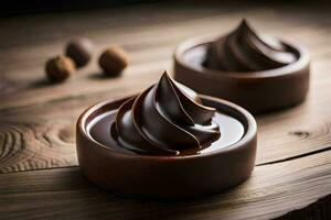 Due cioccolato dolci su un' di legno tavolo. ai-generato foto