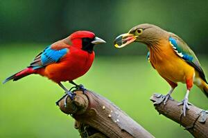 Due colorato uccelli siamo seduta su un' ramo. ai-generato foto