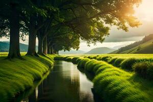 un' fiume corre attraverso un' campo con erba e alberi. ai-generato foto