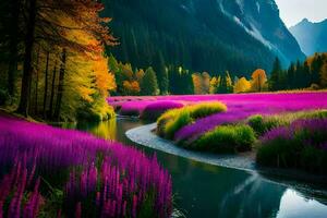 un' fiume flussi attraverso un' campo di viola fiori. ai-generato foto