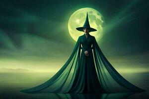 un' strega in piedi nel davanti di un' pieno Luna. ai-generato foto
