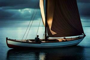 un' uomo seduta nel il arco di un' barca a vela. ai-generato foto