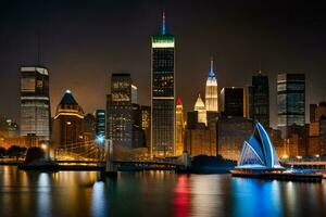 il città orizzonte a notte con il Manhattan orizzonte nel il sfondo. ai-generato foto