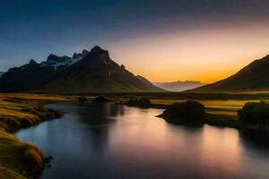 il sole imposta al di sopra di il montagne e fiume nel Islanda. ai-generato foto