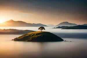 un' solitario albero su un isola nel il mezzo di un' lago. ai-generato foto