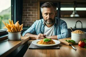 un' uomo seduta a un' tavolo con un' piatto di pasta e verdure. ai-generato foto