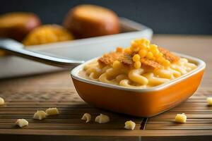 maccheroni e formaggio nel un' ciotola con un' cucchiaio. ai-generato foto