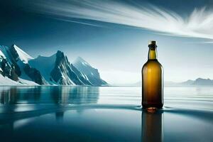 un' bottiglia di vino è seduta su il acqua nel davanti di montagne. ai-generato foto