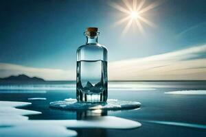 un' bottiglia di acqua si siede su il ghiaccio con il sole splendente nel il sfondo. ai-generato foto