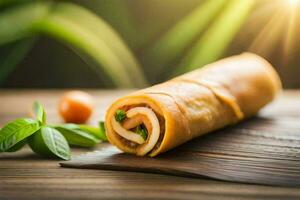 un' rotolo di cibo su un' di legno tavolo. ai-generato foto