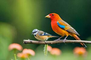 un' colorato uccello si siede su un' ramo con un' blu uccello. ai-generato foto