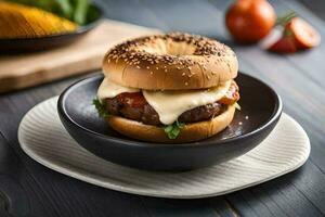 un' bagel con formaggio e pomodoro su un' piatto. ai-generato foto