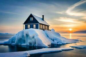 un' Casa su un iceberg nel il mezzo di il oceano. ai-generato foto