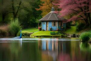 un' piccolo blu Casa si siede su il bordo di un' lago. ai-generato foto