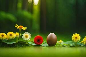 foto sfondo il erba, fiori, uova, molla, Pasqua, fiori, uova, primavera. ai-generato