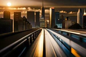 un' treno in viaggio attraverso il città a notte. ai-generato foto