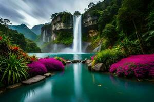 bellissimo cascata nel il giungla con fiori e rocce. ai-generato foto