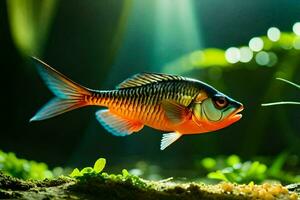 un' pesce nel un acquario con luce del sole splendente su esso. ai-generato foto