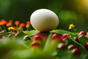 un uovo seduta su superiore di un' mazzo di fiori. ai-generato foto