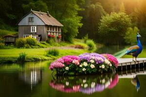 pavone su il molo, fiori, Casa, acqua, HD sfondo. ai-generato foto