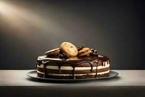 un' cioccolato torta con biscotti e cioccolato pioviggine. ai-generato foto