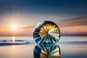 un' bicchiere palla seduta su il spiaggia a tramonto. ai-generato foto