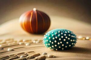 Due piccolo palle di sabbia e conchiglie su un' sabbioso spiaggia. ai-generato foto