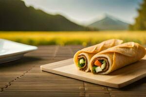 un' rotolo di cibo su un' di legno taglio tavola. ai-generato foto