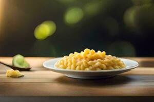 maccheroni e formaggio nel un' bianca ciotola su un' di legno tavolo. ai-generato foto