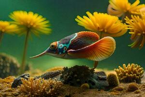 un' colorato pesce nuoto nel il oceano con giallo fiori. ai-generato foto