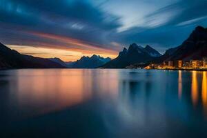 il montagne e acqua siamo illuminato su a tramonto. ai-generato foto