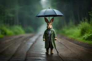 un' coniglio nel un' cappotto e cappello è in piedi su un' strada con un ombrello. ai-generato foto