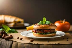 un' Hamburger con carne, pomodori e altro ingredienti. ai-generato foto