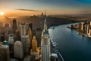il sole sorge al di sopra di il città orizzonte nel nuovo york. ai-generato foto