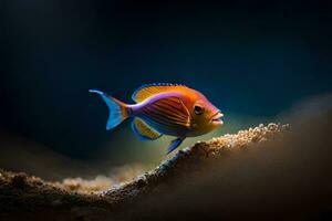 un' colorato pesce è seduta su il sabbia. ai-generato foto